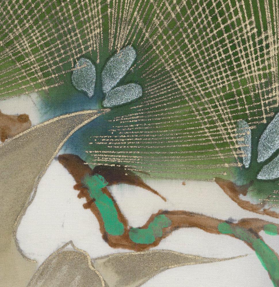 Abstract art with green, silver, and white geometric patterns and shapes