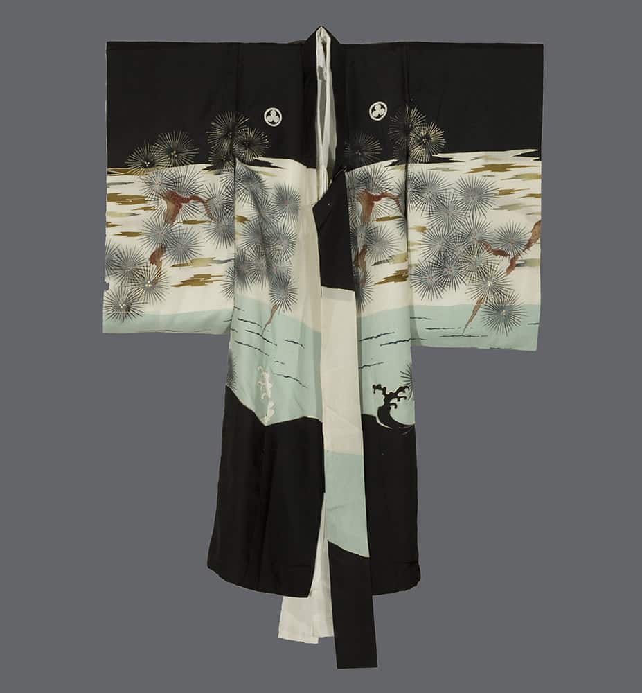 Traditional Japanese kimono with black, white, and pale blue floral design