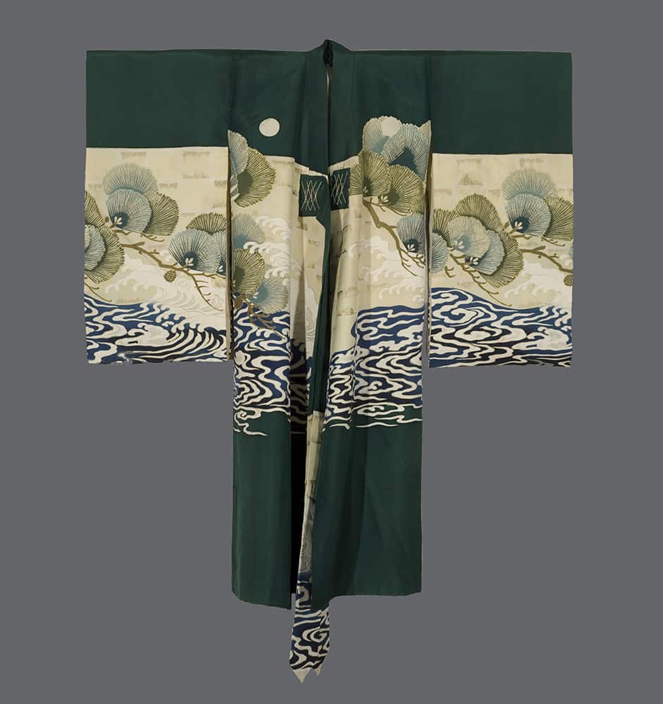 Traditional Japanese kimono with fan and wave pattern in green, cream, and blue