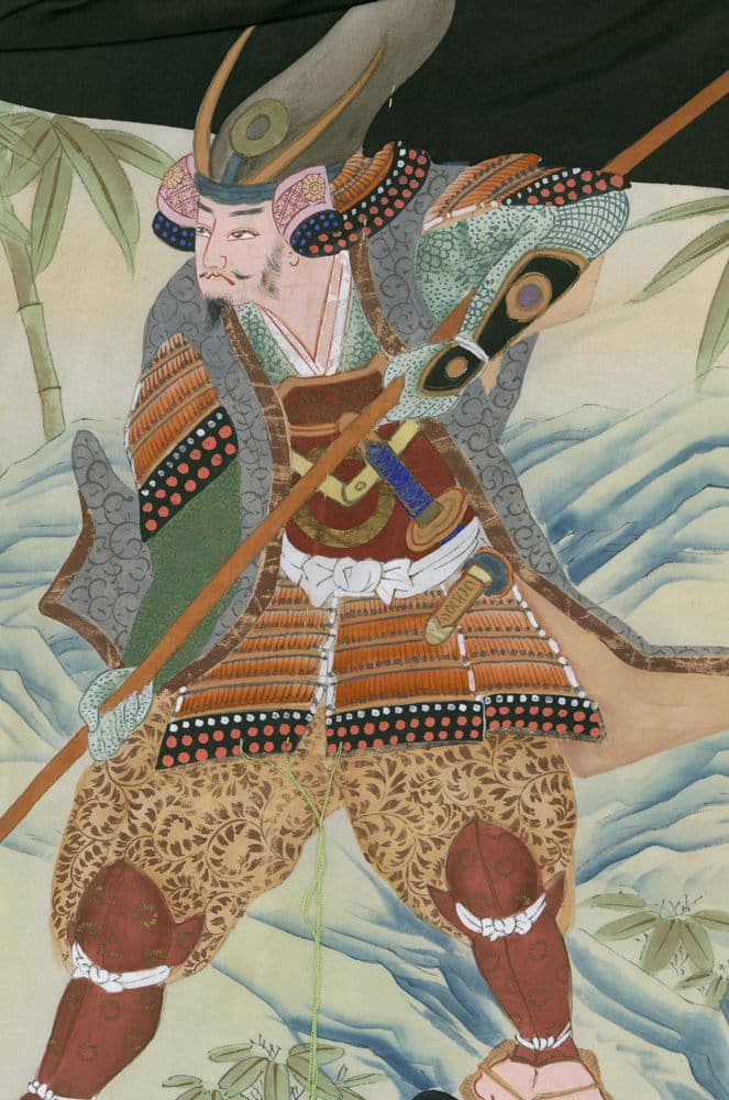 Japanese samurai warrior in elaborate armor standing with spear, stylized art