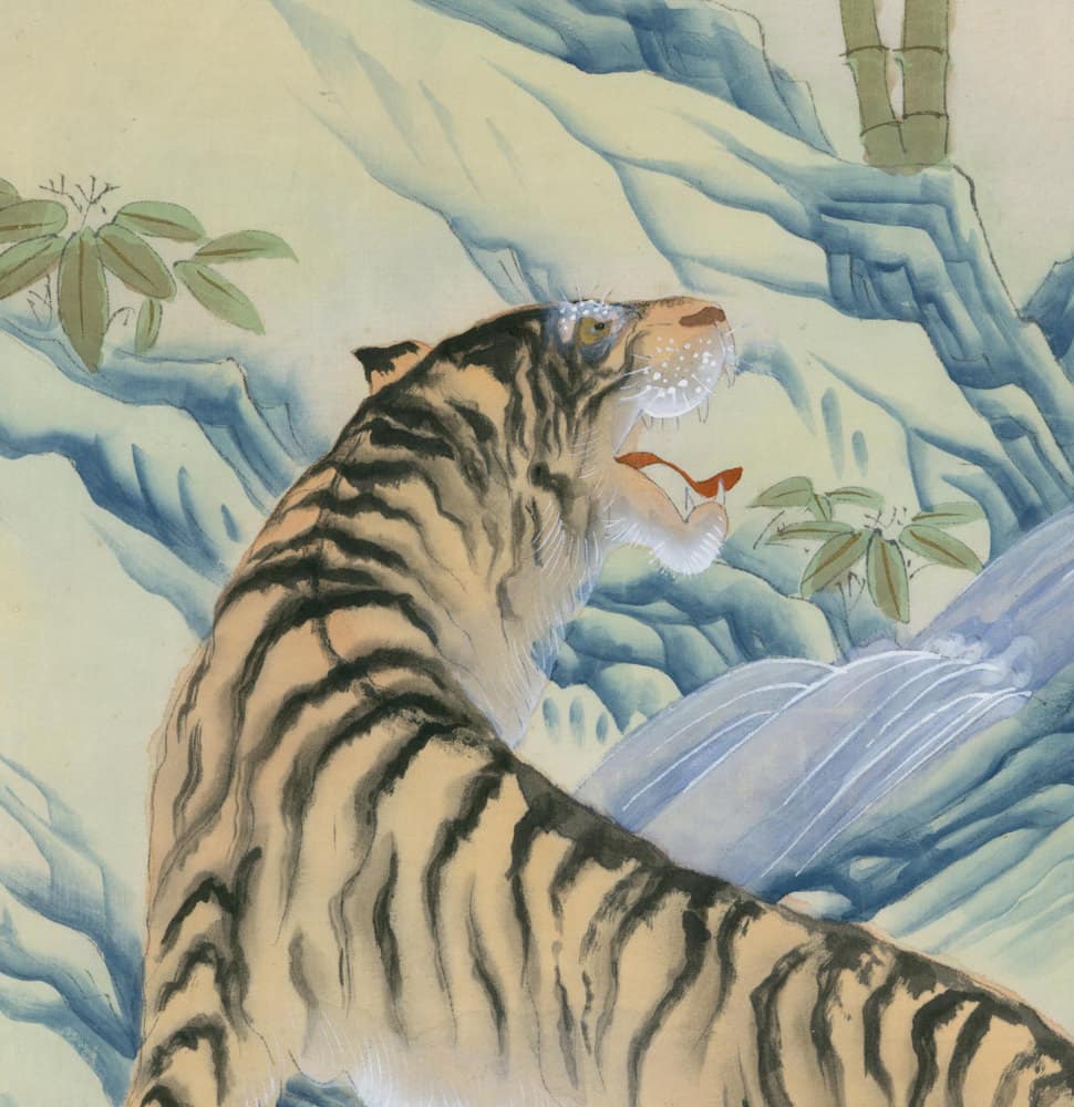Striped tiger looking up amid blue-tinted watercolor mountain landscape