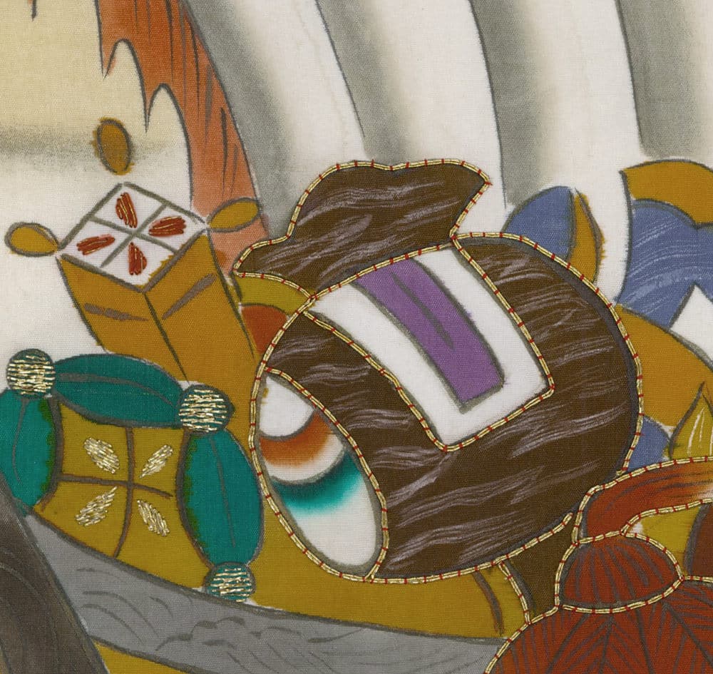 Abstract geometric artwork with curving shapes in brown, purple, and yellow