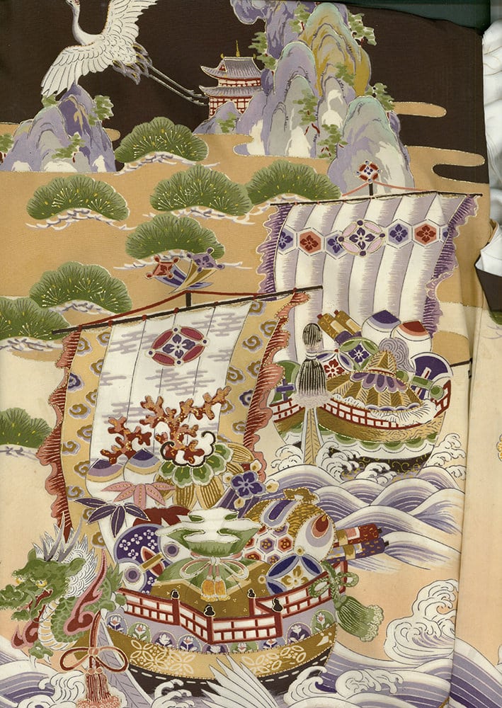 Japanese art with ornate boats, crane, mountains, and traditional landscape
