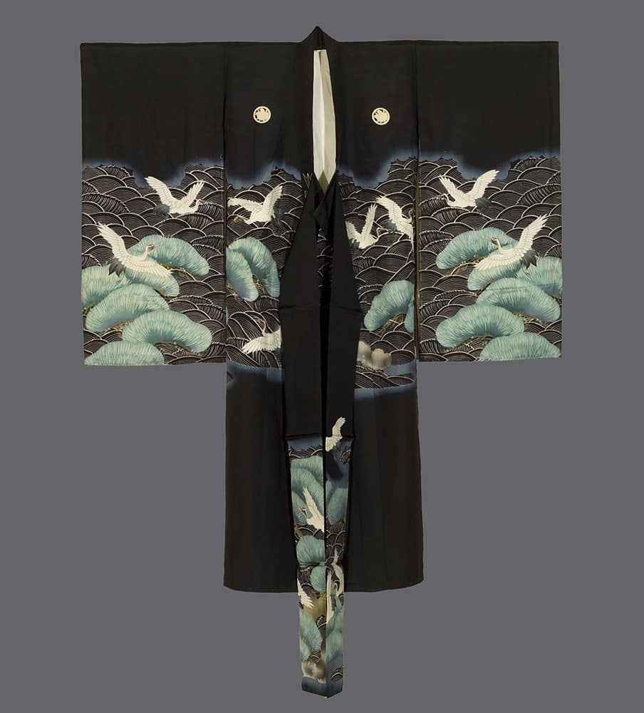 Black Japanese kimono with white cranes and blue-green landscape pattern