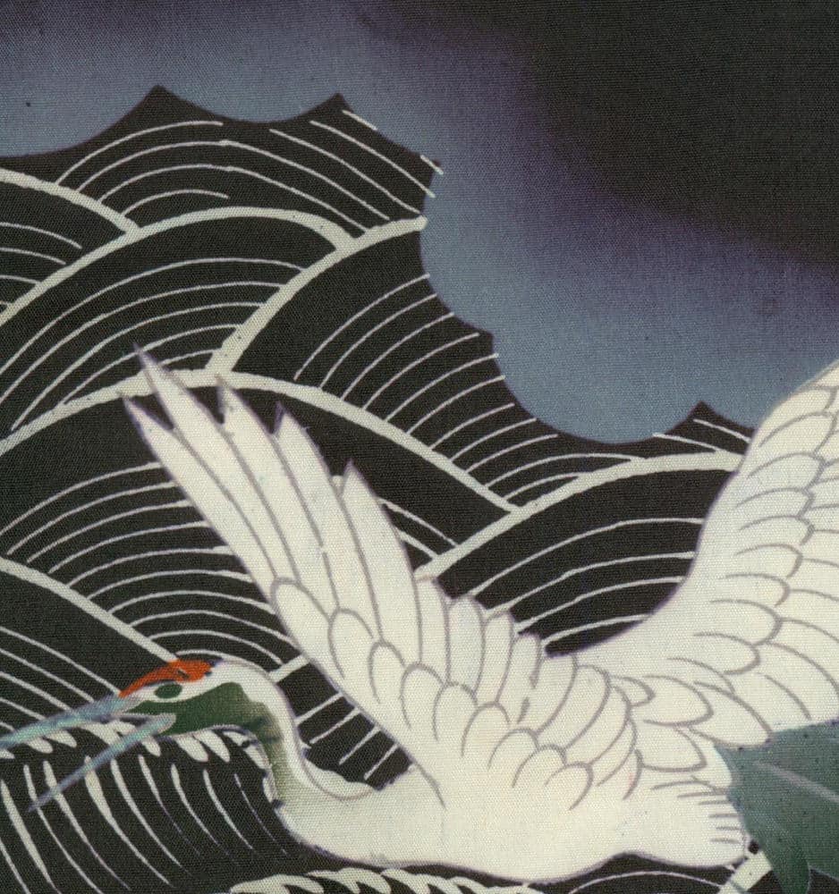 White crane with spread wings flying over stylized dark curved landscape