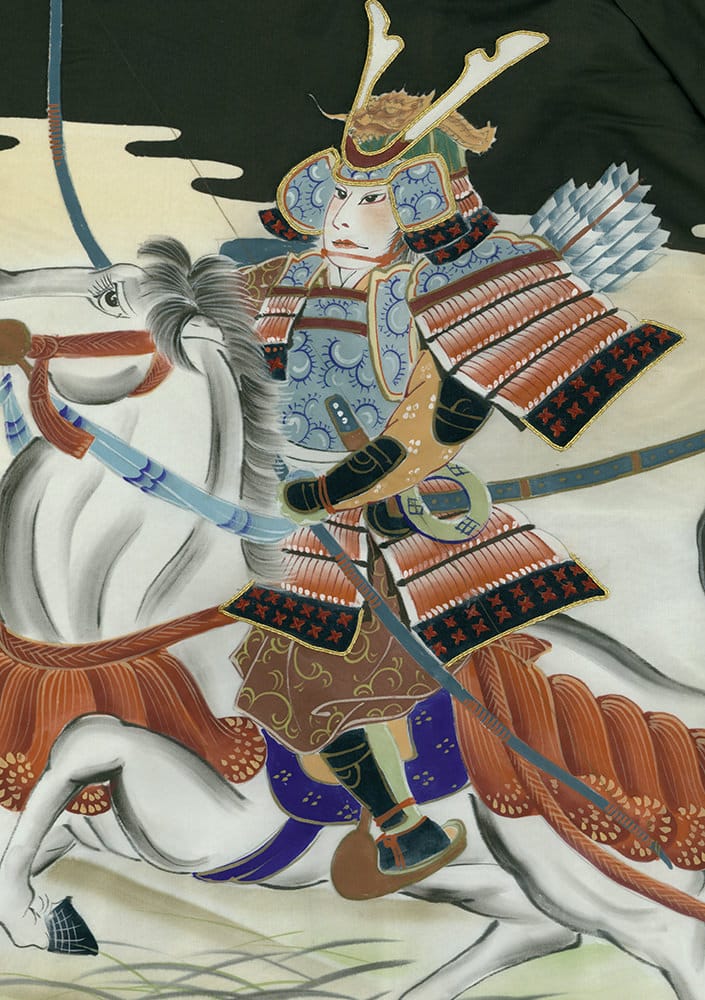 Japanese samurai warrior in ornate armor riding a white horse