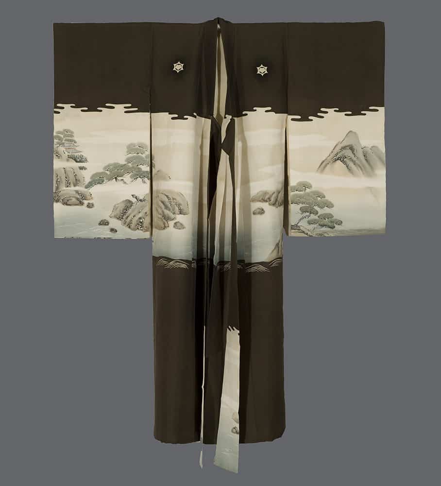 Traditional Japanese kimono with mountain landscape painting in black and white