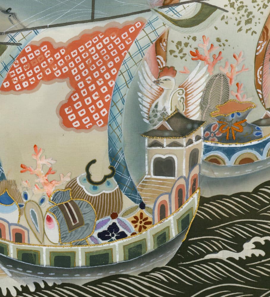 Stylized boat with bird and decorative elements sailing on patterned waves