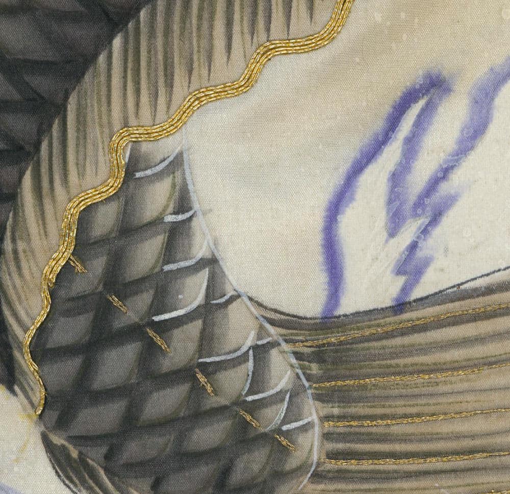 Dragon scale texture with golden threads and purple lightning accent