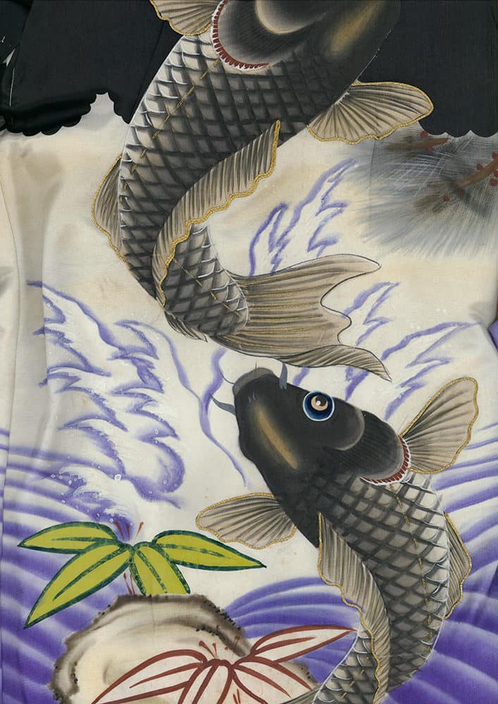 Two koi fish swimming amid waves, leaves, and stylized Japanese art background
