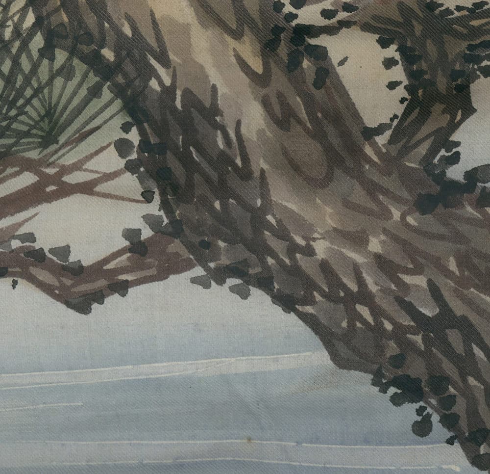 Vintage watercolor painting of tree branches and fan palm leaves
