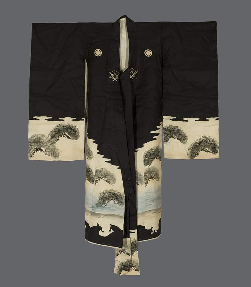 Black and white Japanese kimono with pine tree landscape design