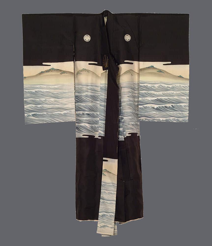 Black and white Japanese kimono with ocean waves and mountain landscape