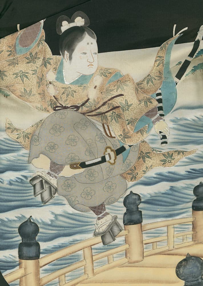 Traditional Japanese woodblock print of woman in ornate kimono crossing wavy bridge