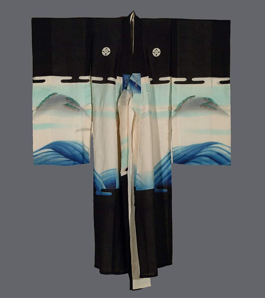 Black and white Japanese kimono with blue wave and mountain landscape