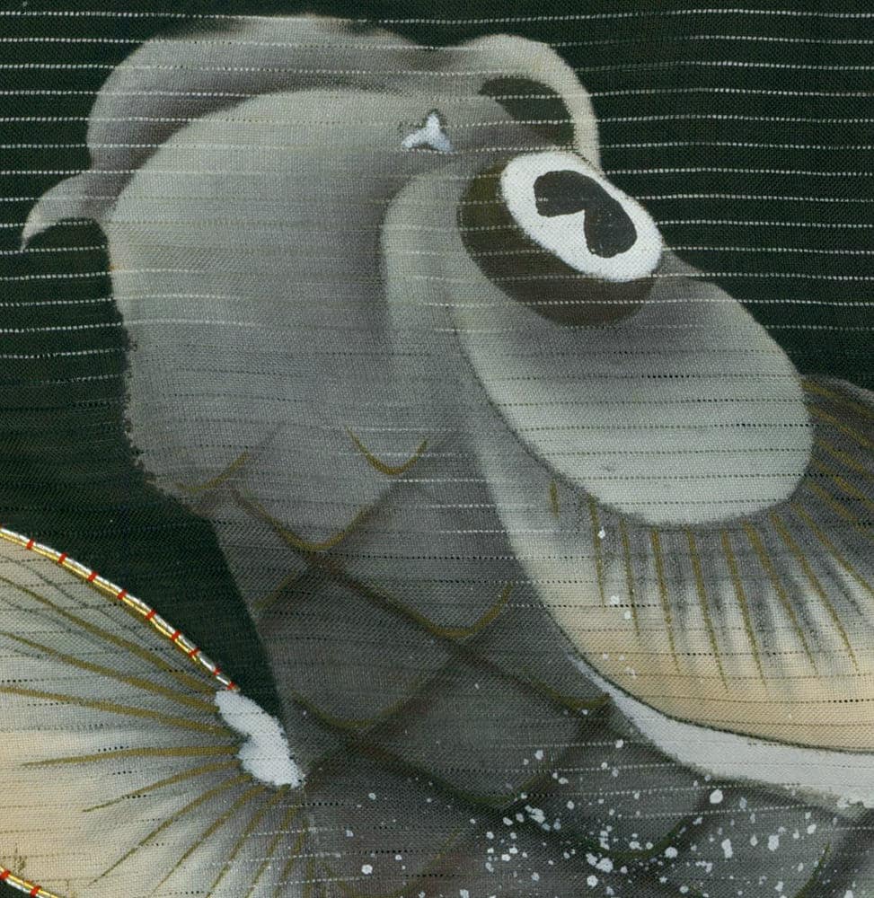 Stylized textile artwork of a gray bird with textured feather details