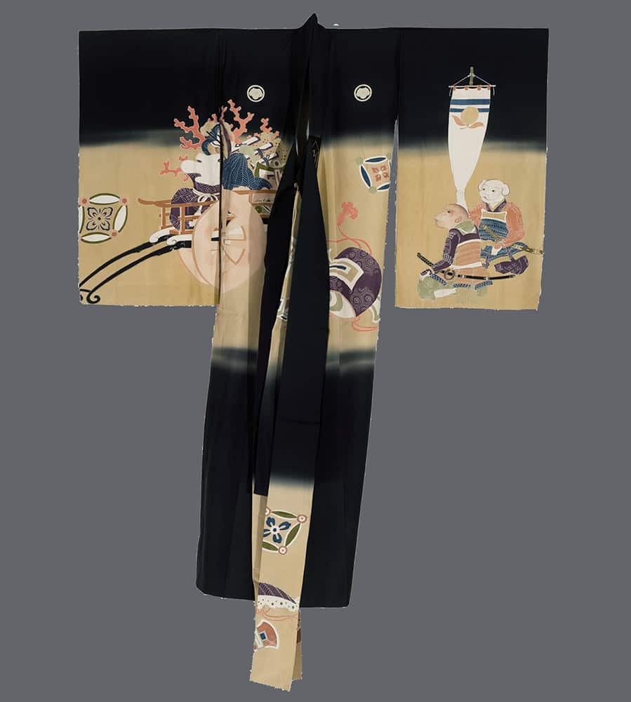 Black Japanese kimono with scenic panels depicting traditional figures and objects