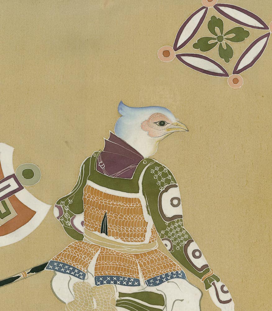 Bird-headed samurai in traditional armor with decorative geometric patterns