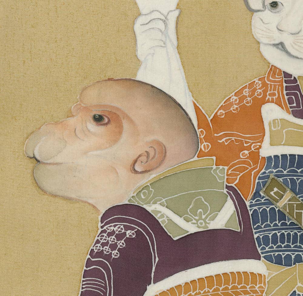 Stylized illustration of child in colorful traditional Japanese clothing