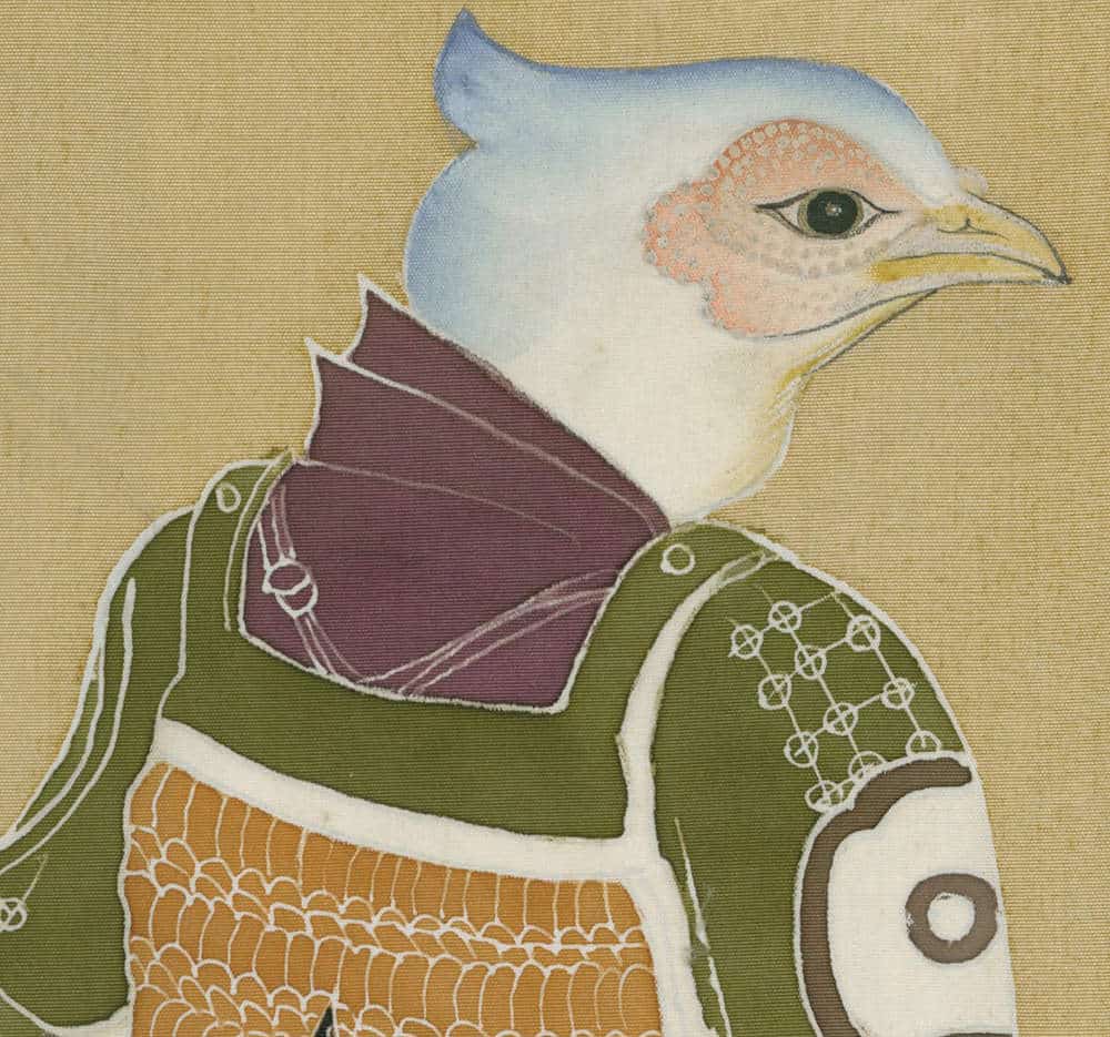 Stylized bird portrait wearing vintage military-inspired jacket and uniform