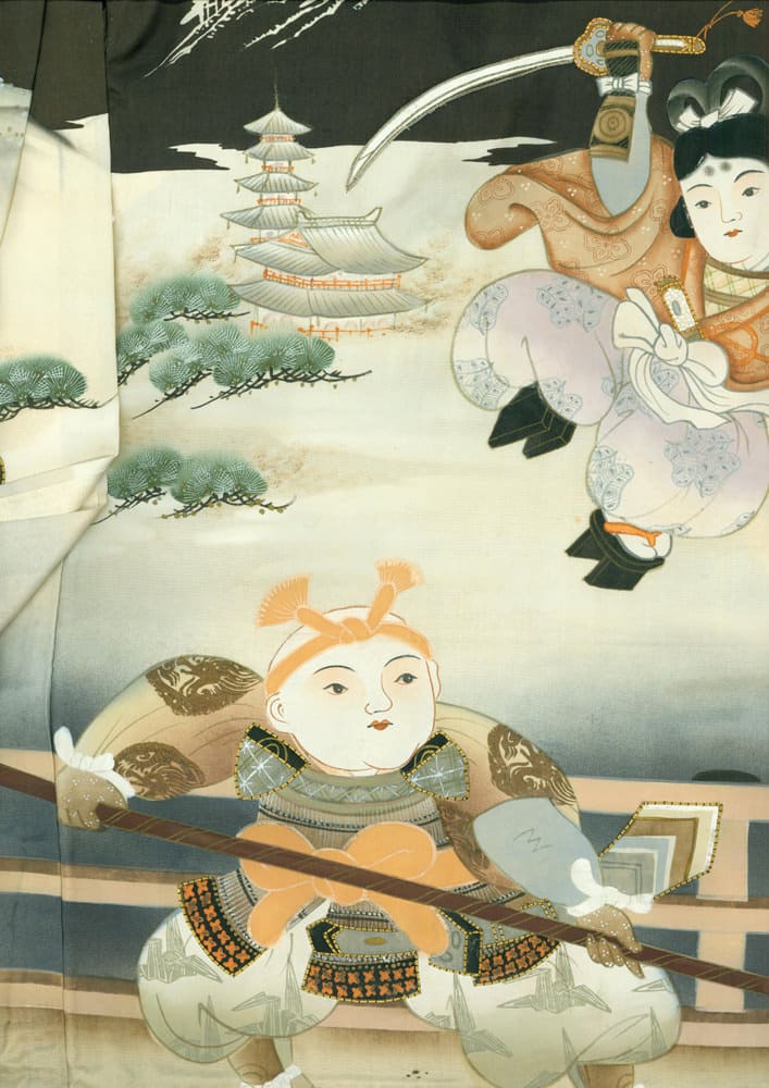 Traditional Japanese illustration with pagoda, warrior, and elegant figures