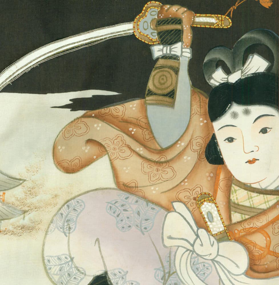 Traditional Japanese art of geisha with ornate kimono and sword