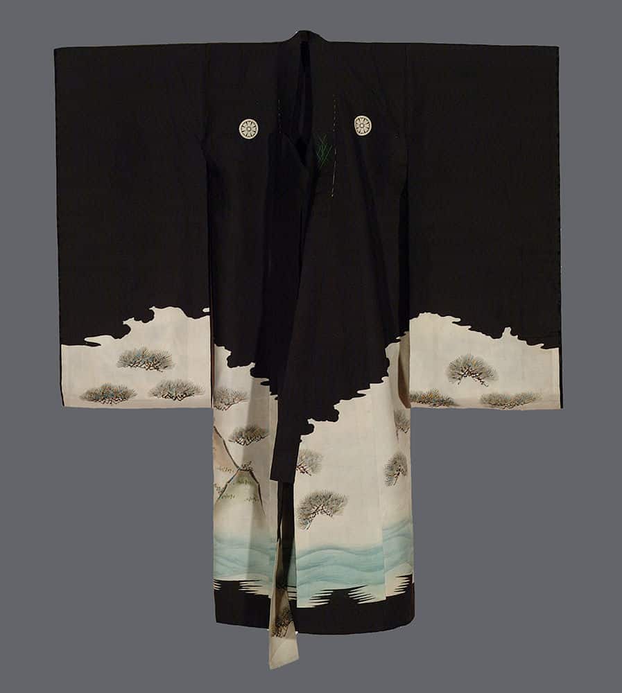 Black and white Japanese kimono with pine trees and ocean landscape