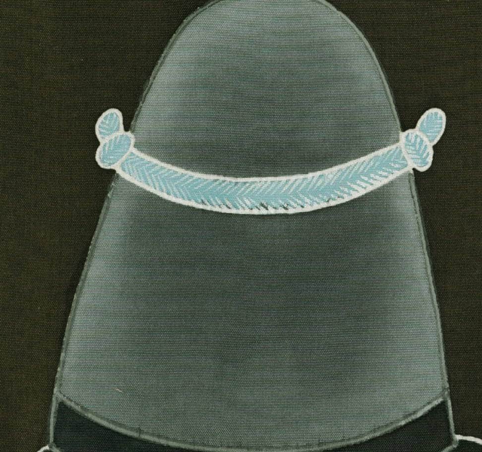 Minimalist stylized figure with blue curved decorative element