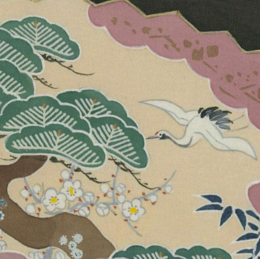 Japanese textile with crane, trees, and blossoms in soft pastel colors