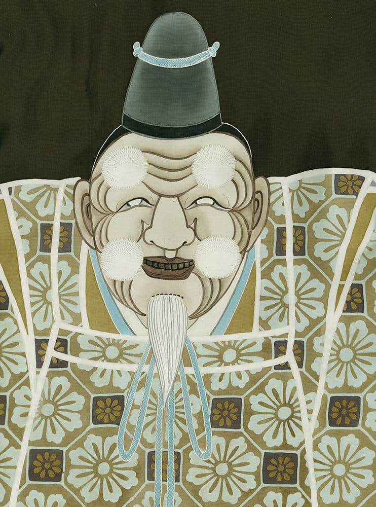 Traditional Japanese illustration of smiling elder with patterned background