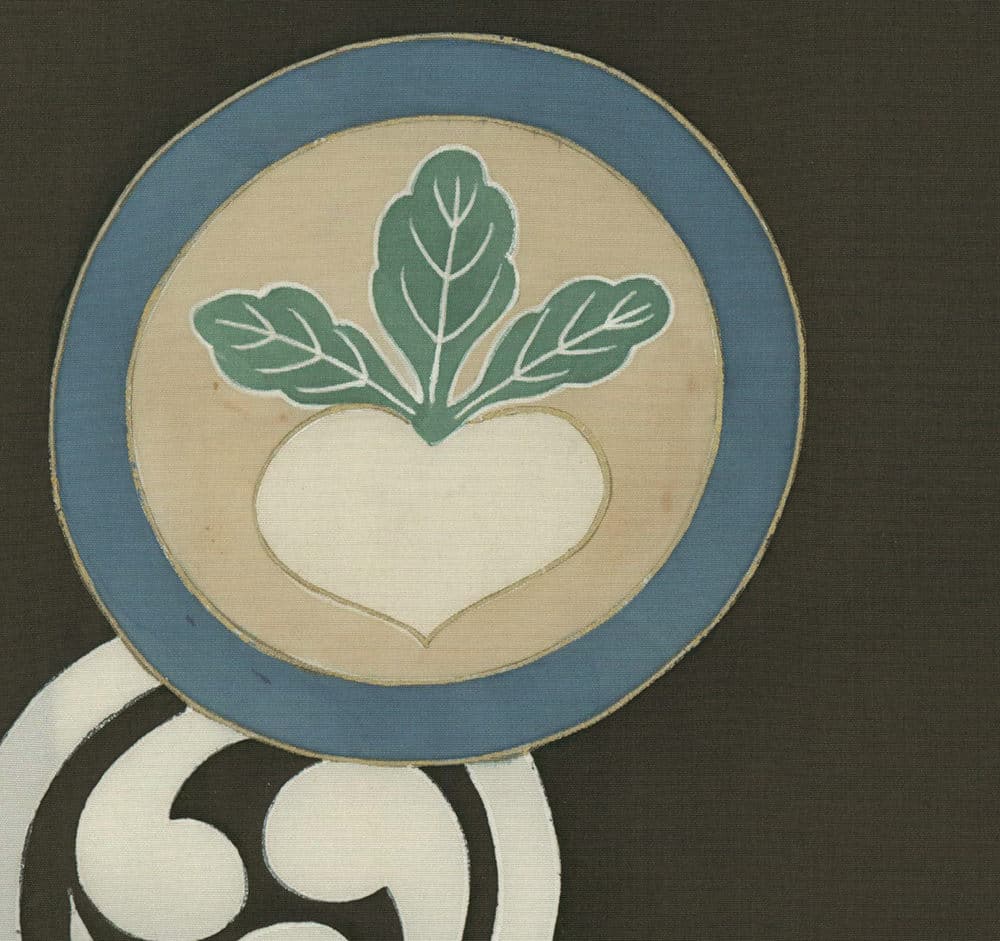 Stylized white turnip with green leaves in blue-rimmed circular frame