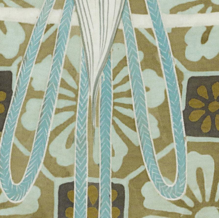 Teal and olive geometric fabric pattern with curved lines and floral motifs