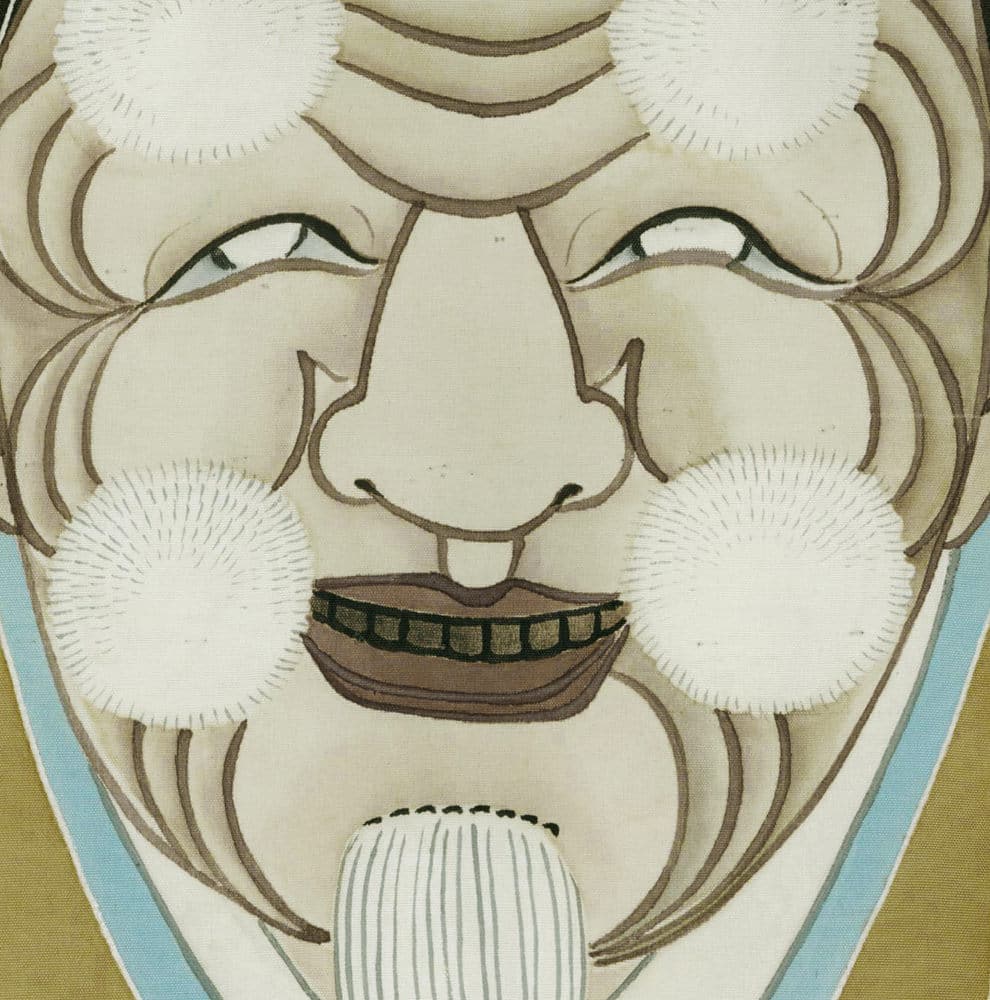 Stylized face with exaggerated features, puffy cheeks, and geometric lines