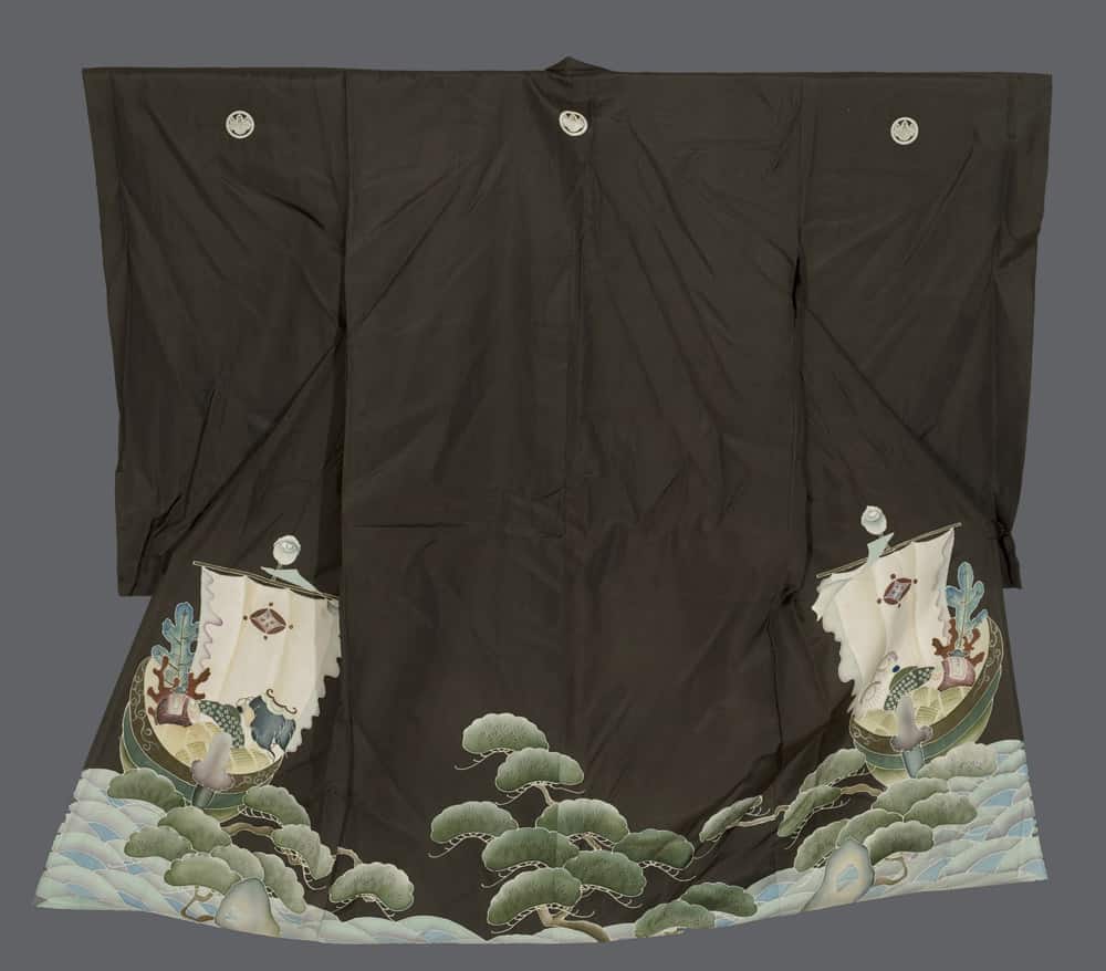 Black Japanese kimono with boats, pine trees, and waves design