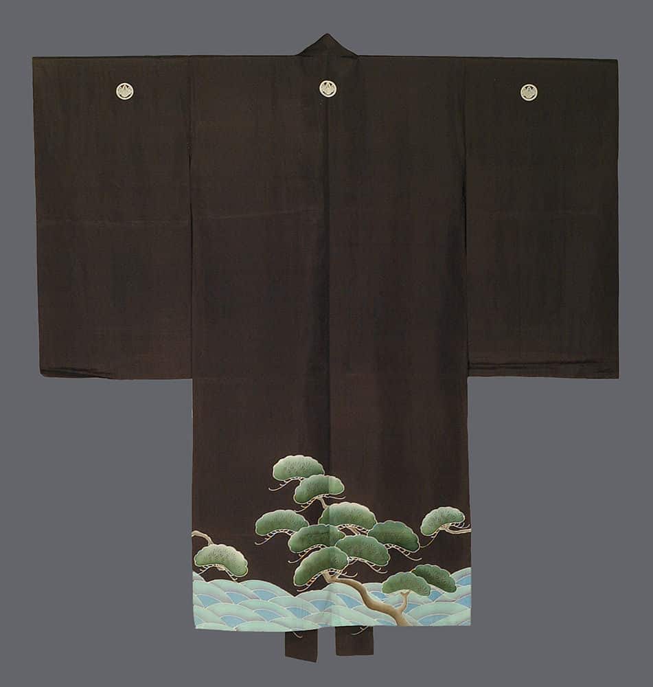 Black Japanese kimono with embroidered pine trees and waves