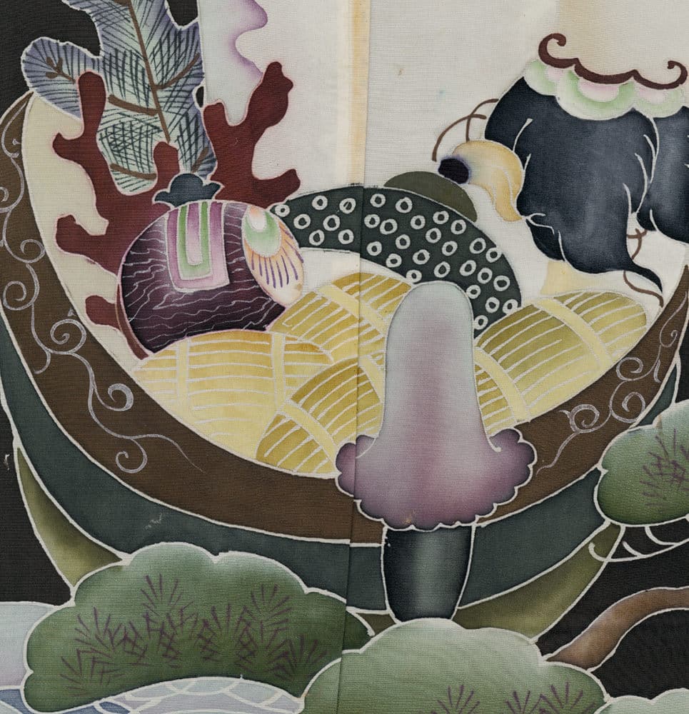 Abstract batik artwork with curved shapes, organic patterns, and muted colors