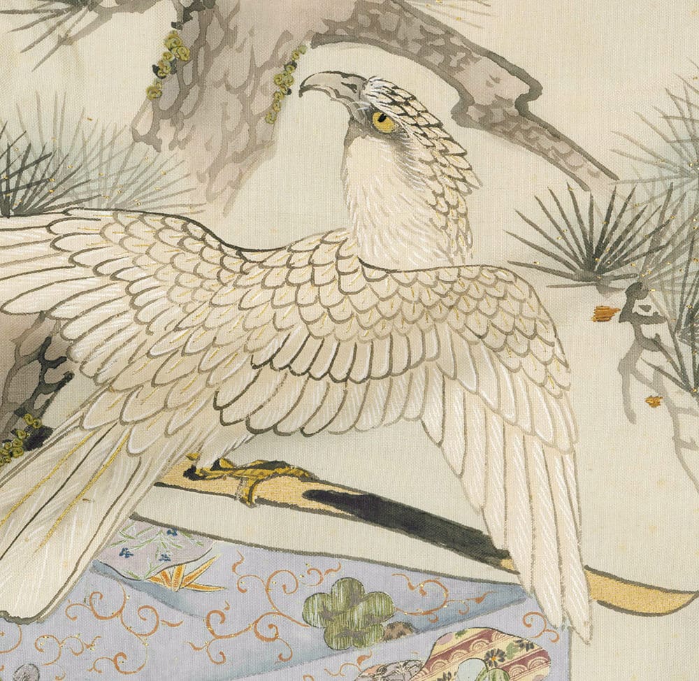 White hawk with spread wings perched on branch, traditional Japanese art style