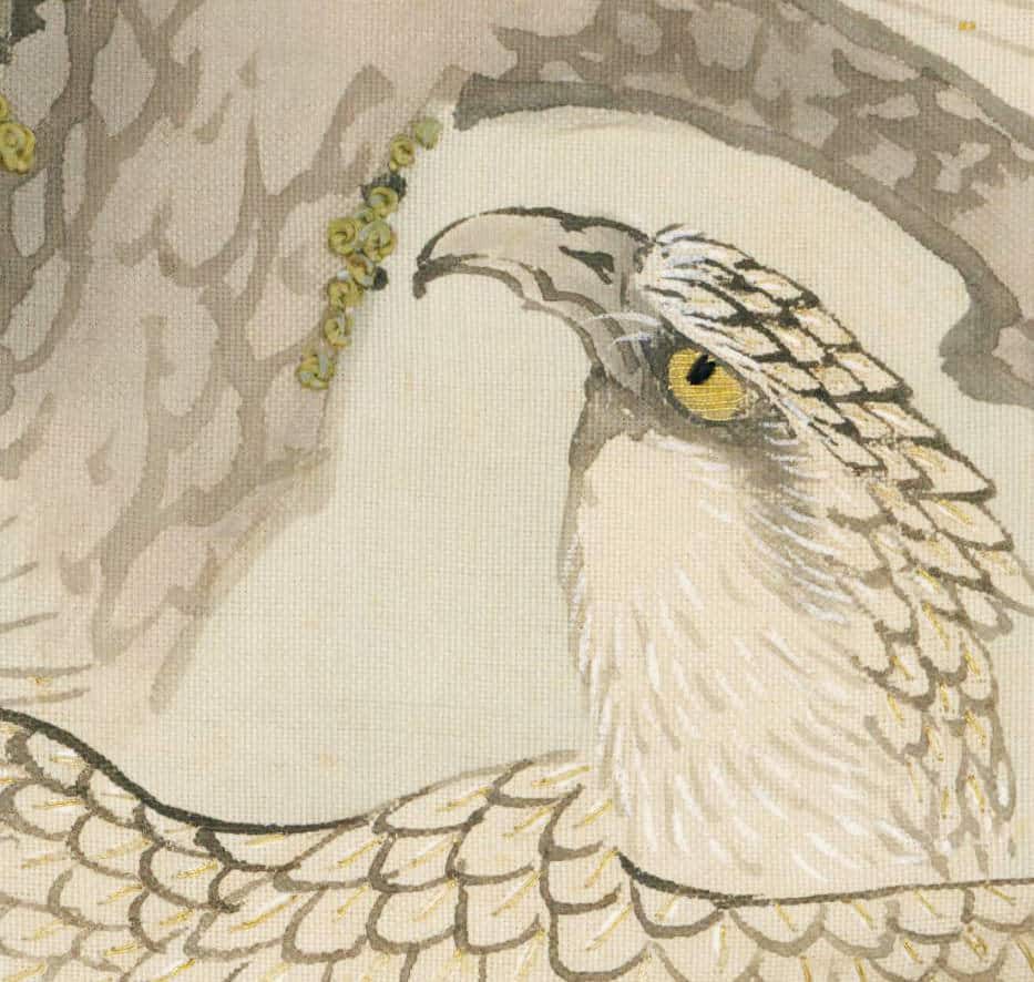 White bird with yellow eye and detailed feathers in traditional art style