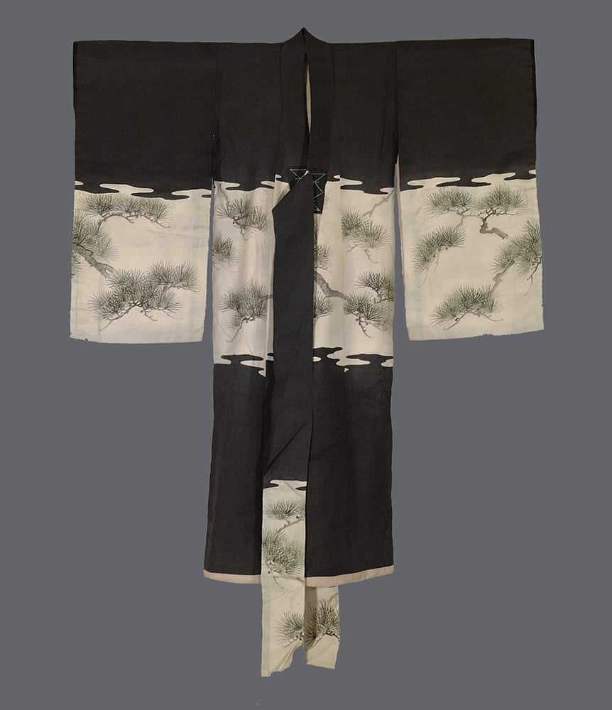 Traditional black and white Japanese kimono with pine tree design