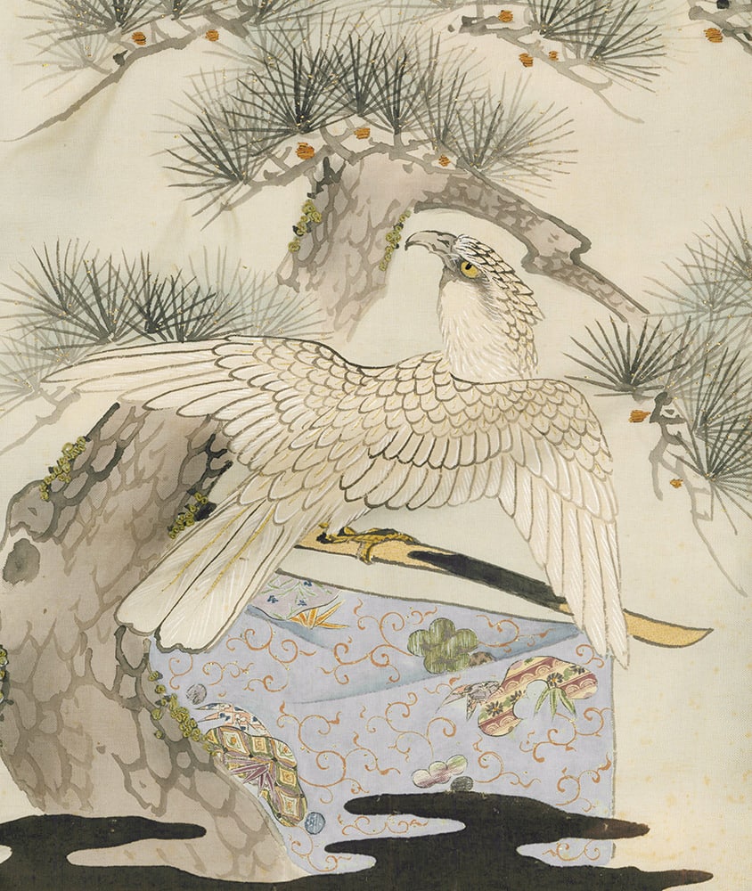 White hawk perched on rock near pine branches with decorative box