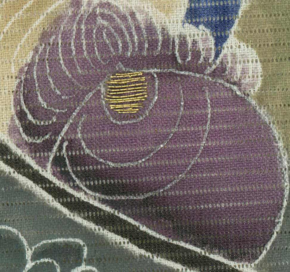 Abstract textile artwork with purple flower and golden center