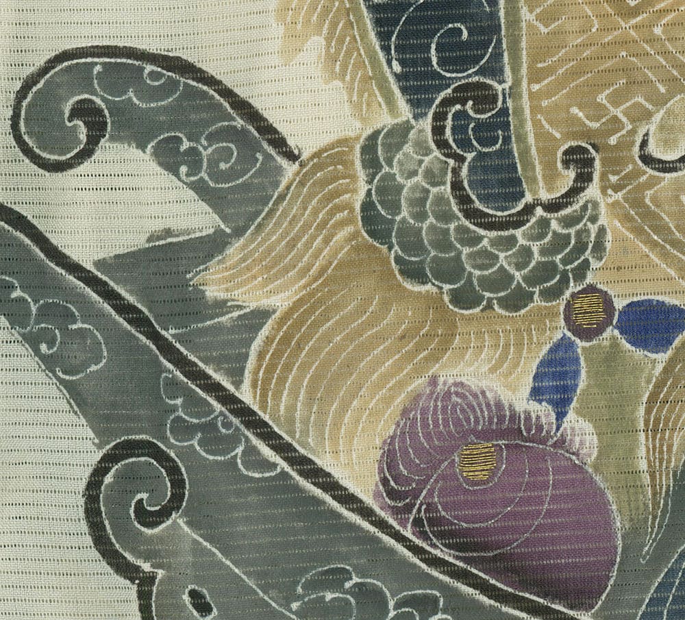 Detailed Japanese textile with swirling patterns, clouds, and organic shapes