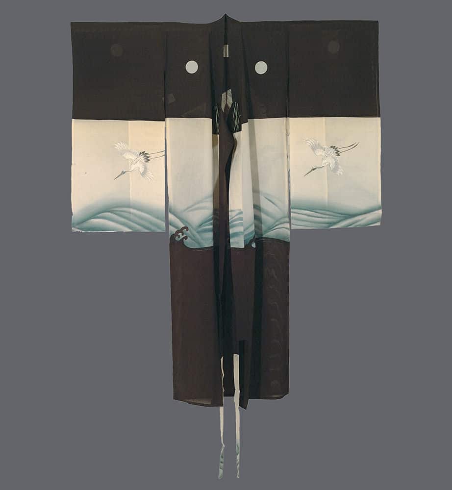 Japanese kimono with cranes flying over water, black and white design