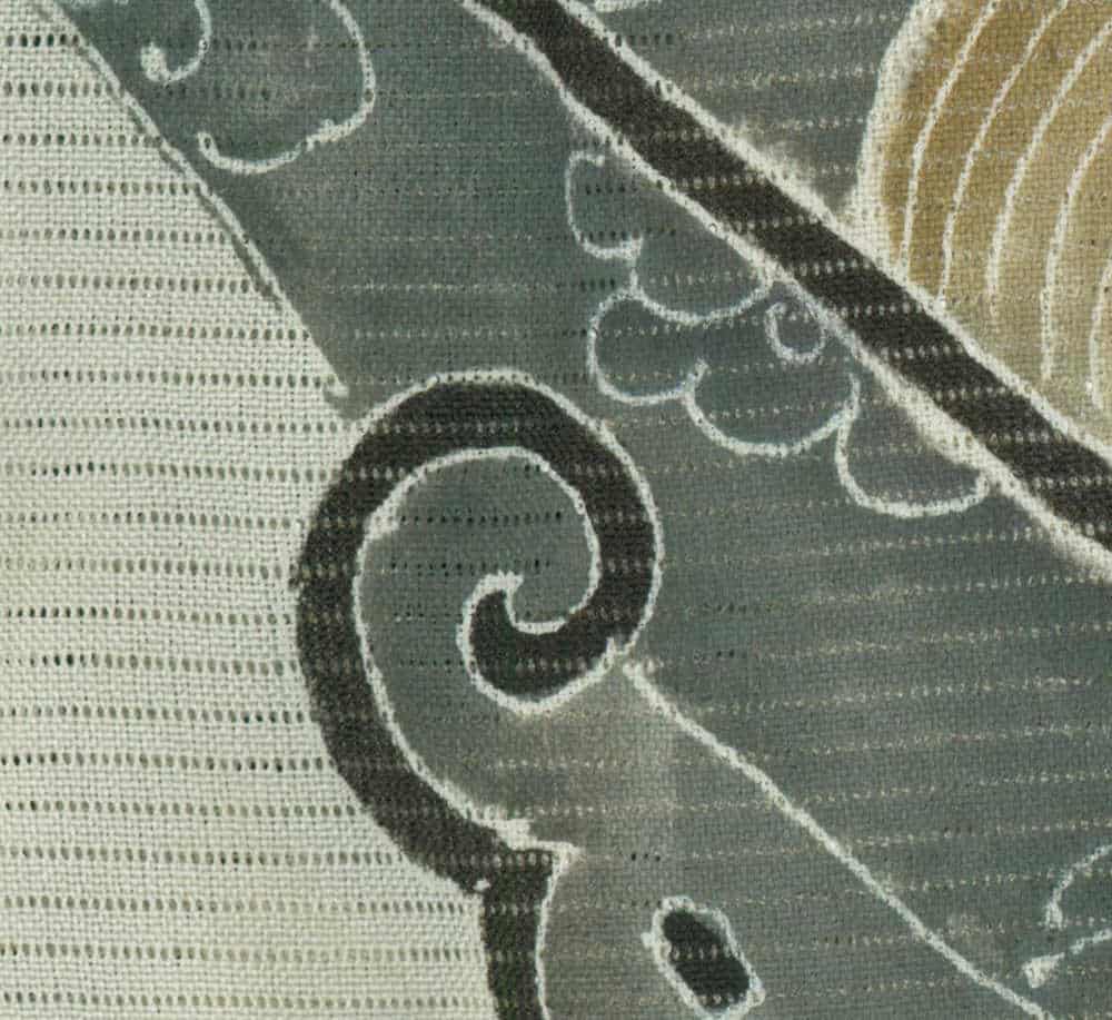 Textured fabric with abstract swirling pattern in green and yellow tones