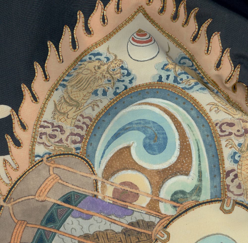 Ornate Asian-style illustration with mythical lion, swirling patterns, flames