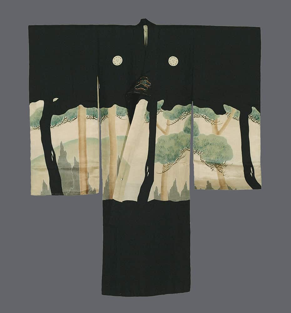 Black Japanese kimono with scenic landscape design of trees and mountains