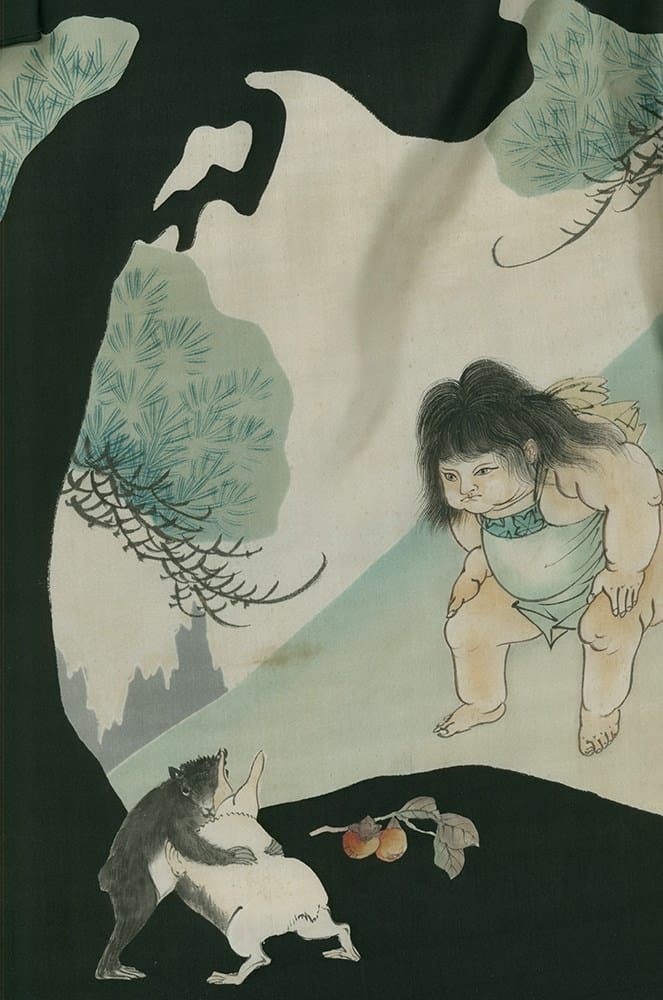 Japanese illustration of child and goat with pine trees and mountains