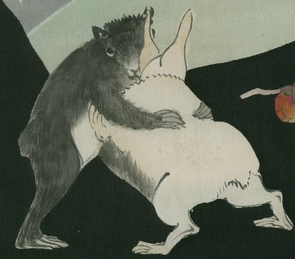 Two rabbits, one dark and one light, interacting in a stylized illustration
