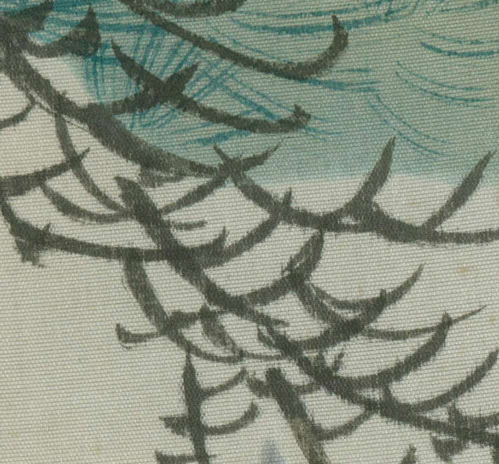 Abstract bird wing pattern on textured fabric in blue and gray tones