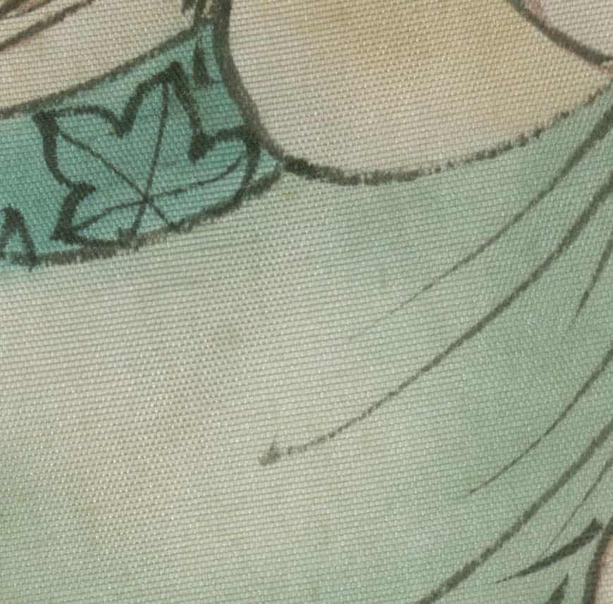 Soft green fabric with botanical leaf sketch and textured background